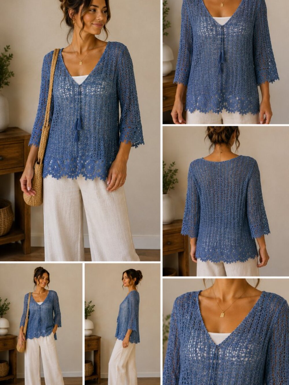 Blue 100% Cotton Crochet Knit Top Womens Large Boho Lace V Neck
